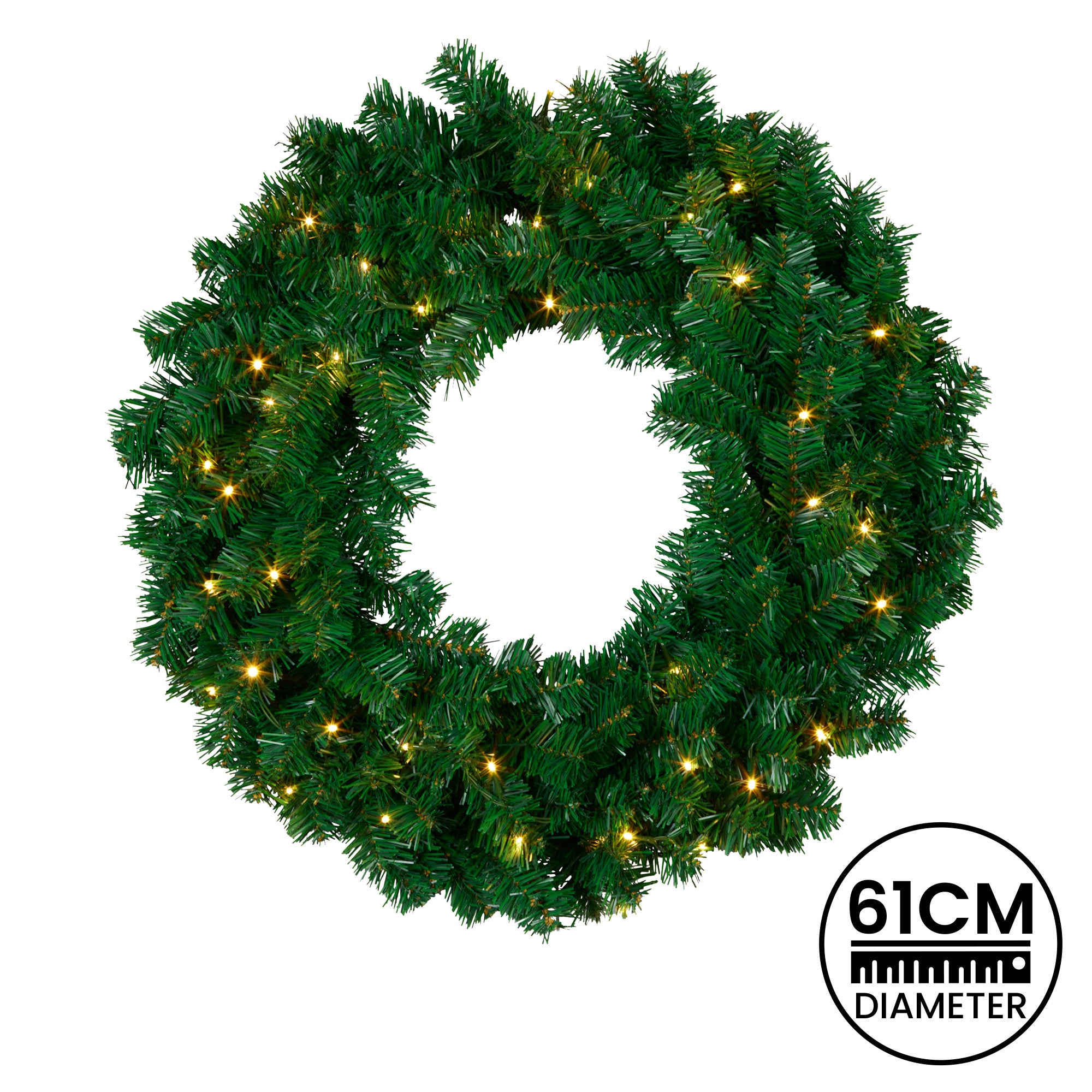 61cm Pre-Lit Christmas Wreath – 180 Tips, 40 Warm White LEDs