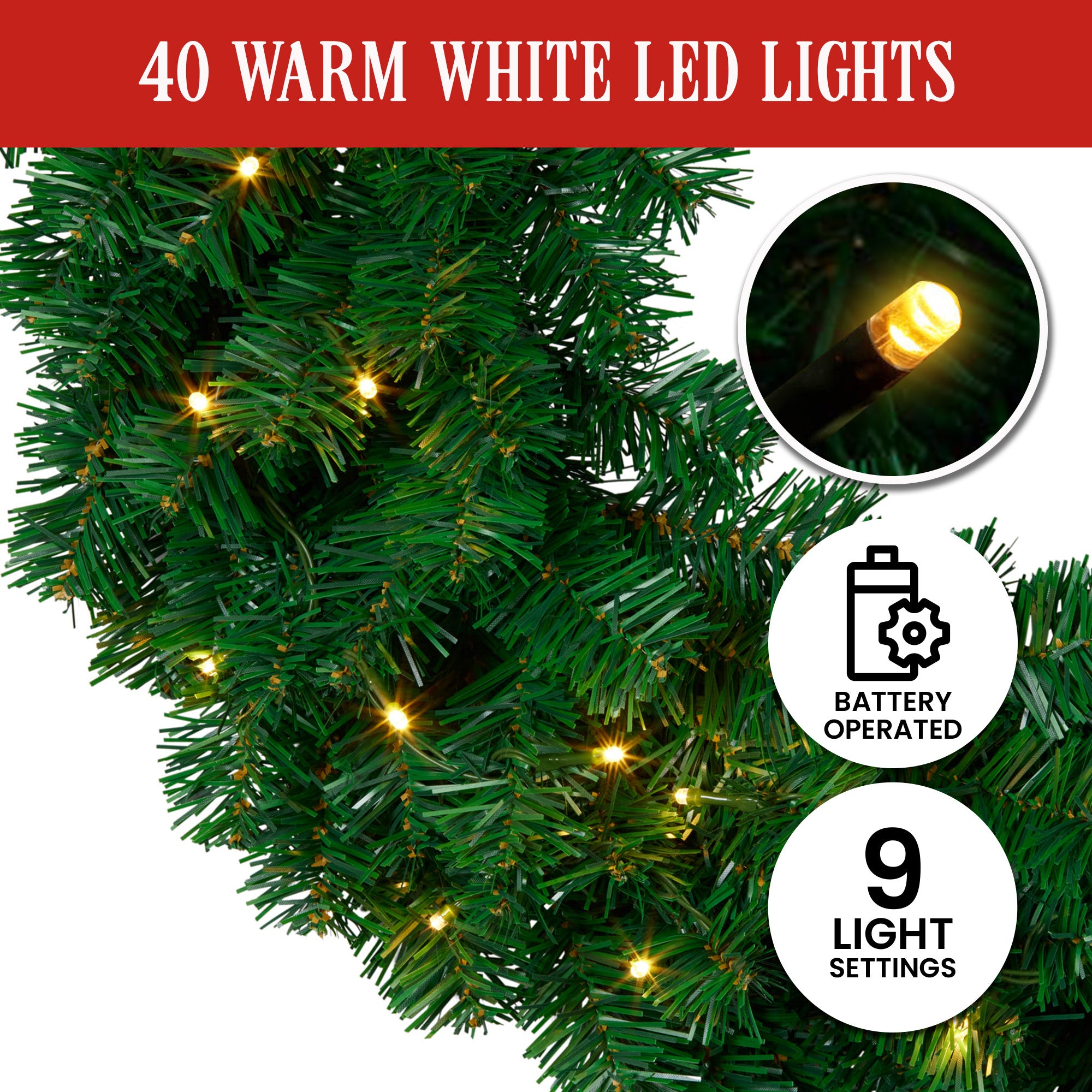 61cm Pre-Lit Christmas Wreath – 180 Tips, 40 Warm White LEDs