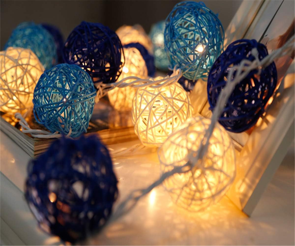 3M Blue & White Rattan Ball String Lights with 20 Warm White LED Lights