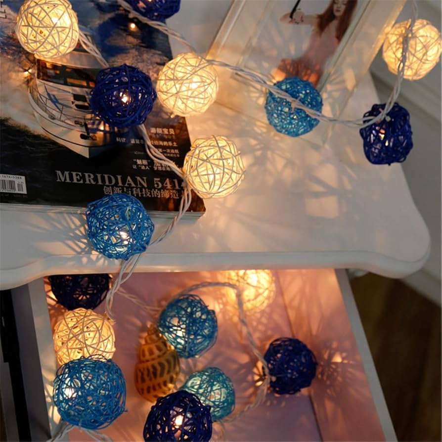 5M Blue & White Rattan Ball String Lights with 50 Warm White LED Lights