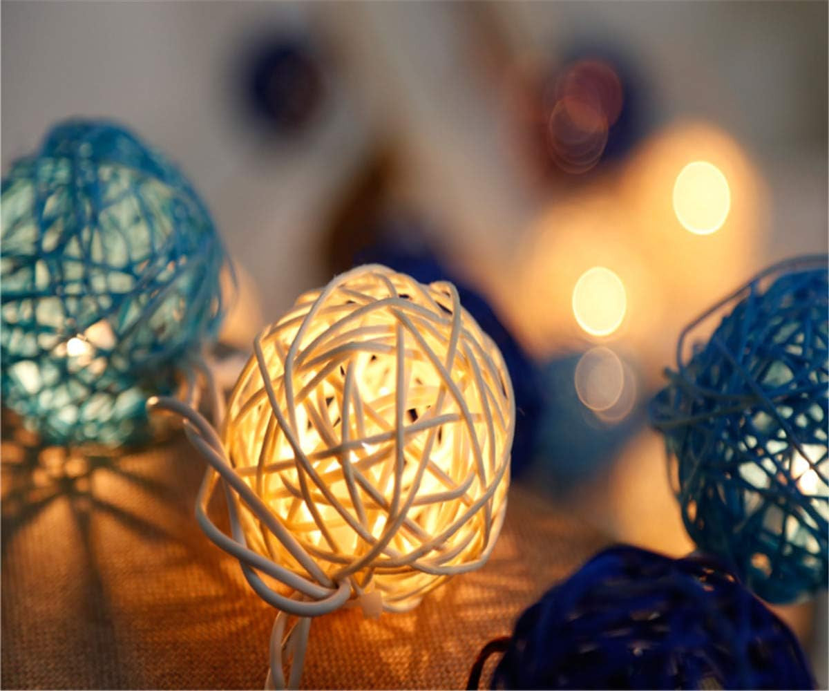 5M Blue & White Rattan Ball String Lights with 50 Warm White LED Lights