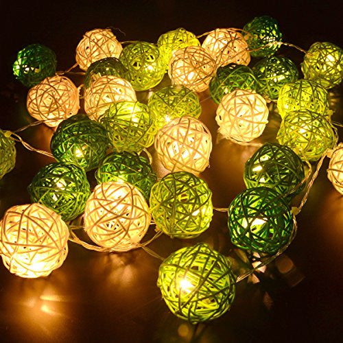 3M Green & White Rattan Ball Christmas Lights – 20 Warm White LEDs