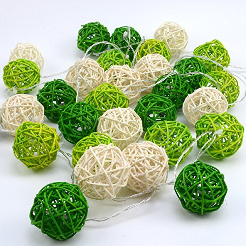 3M Green & White Rattan Ball String Lights with 20 Warm White LED Lights
