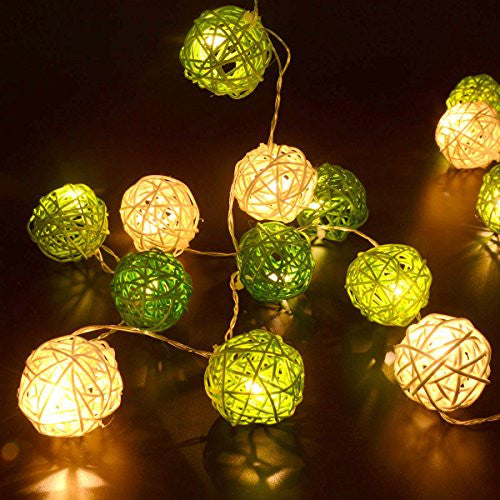 3M Green & White Rattan Ball String Lights with 20 Warm White LED Lights