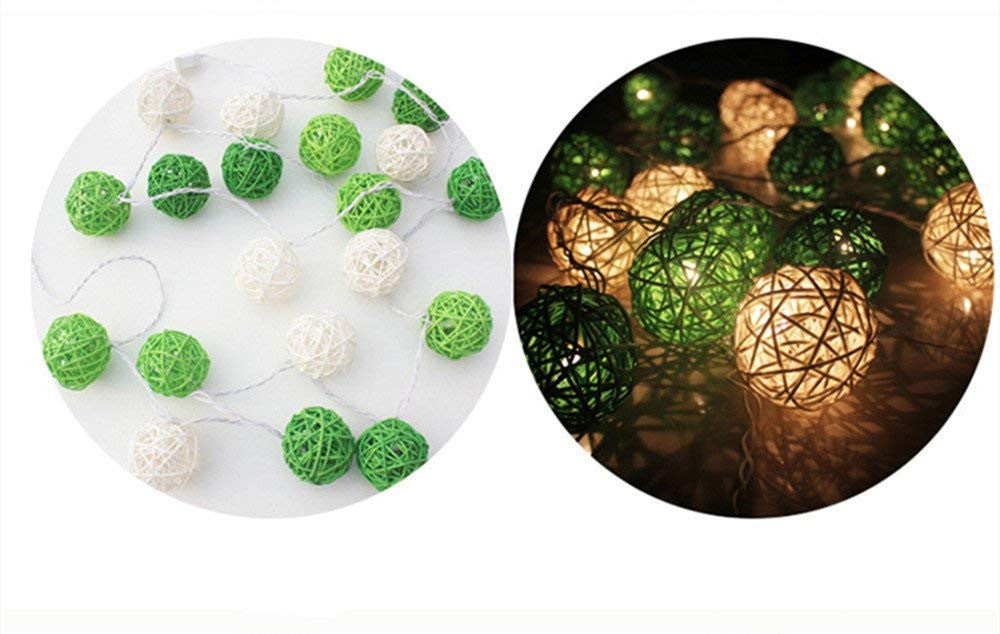 3M Green & White Rattan Ball String Lights with 20 Warm White LED Lights