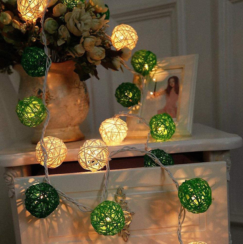3M Green & White Rattan Ball String Lights with 20 Warm White LED Lights
