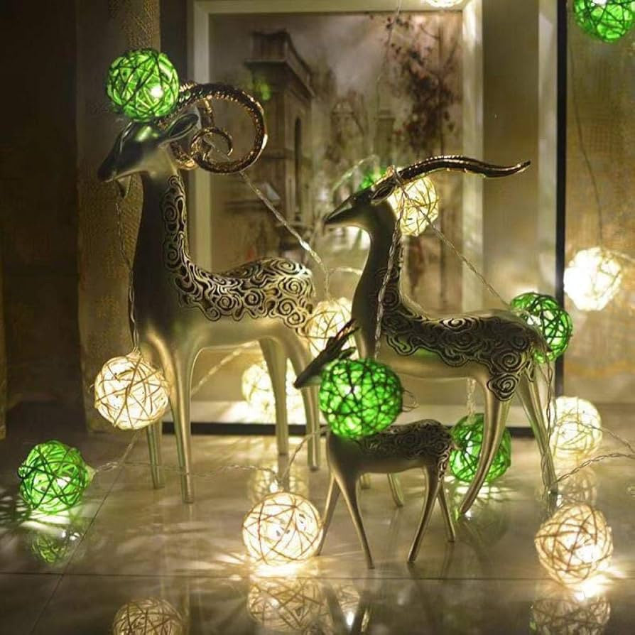 3M Green & White Rattan Ball String Lights with 20 Warm White LED Lights