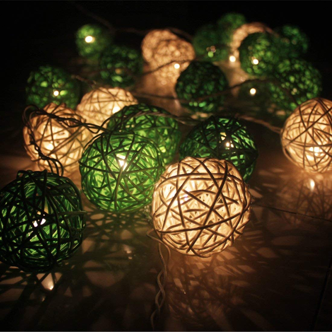 3M Green & White Rattan Ball String Lights with 20 Warm White LED Lights