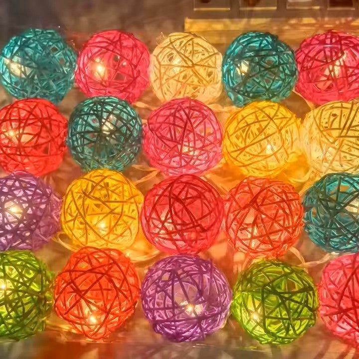 5M Multicolour Rattan Ball Christmas Lights – 50 Warm White LEDs