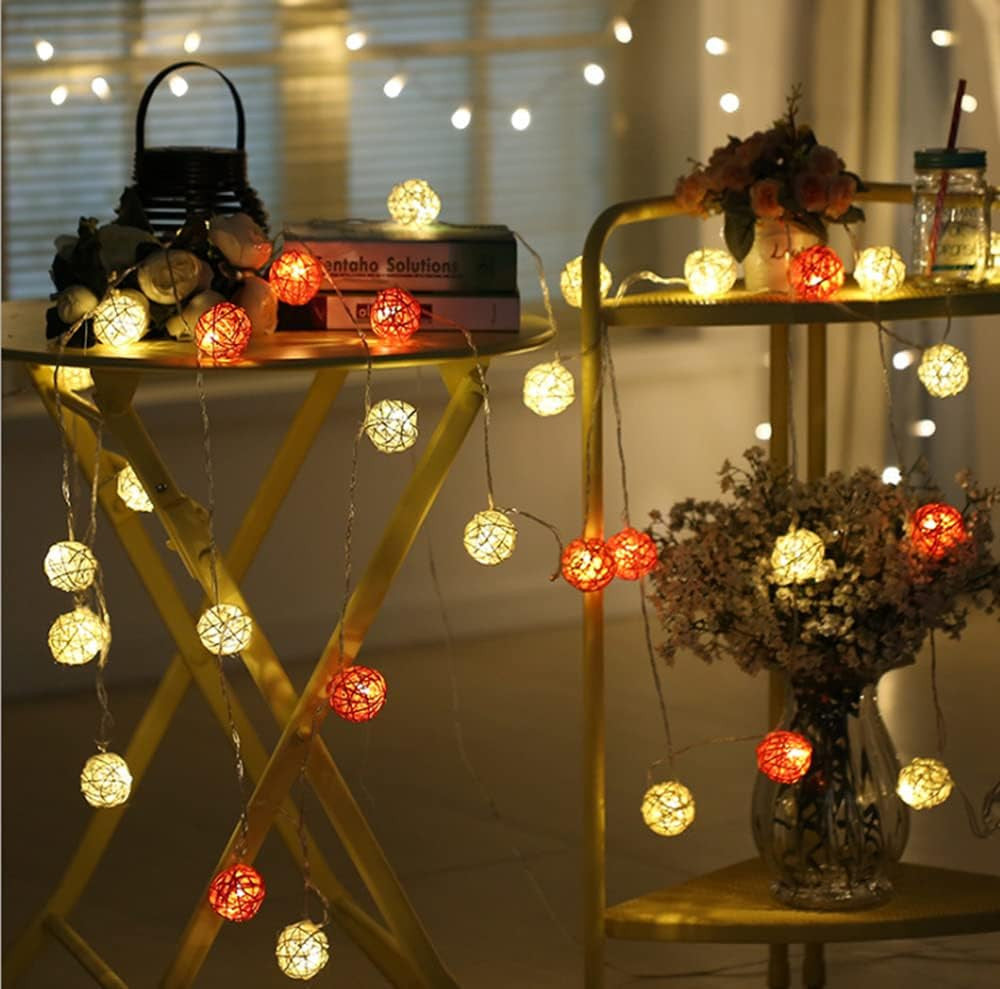3M Orange & White Rattan Ball Christmas Lights – 20 Warm White LEDs
