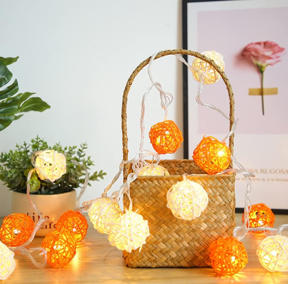 5M Orange & White Rattan Ball Christmas Lights – 50 Warm White LEDs