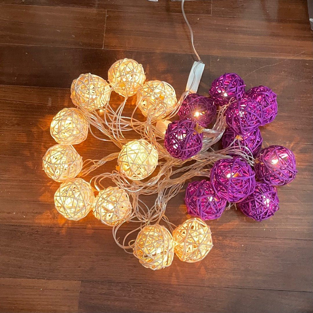 3M Purple & White Rattan Ball String Lights with 20 Warm White LED Lights