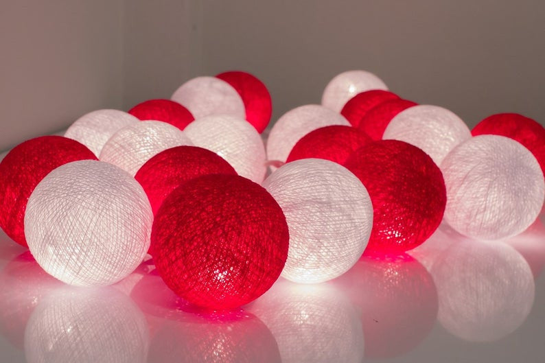 3M Red & White Cotton Ball String Lights with 20 LED Lights