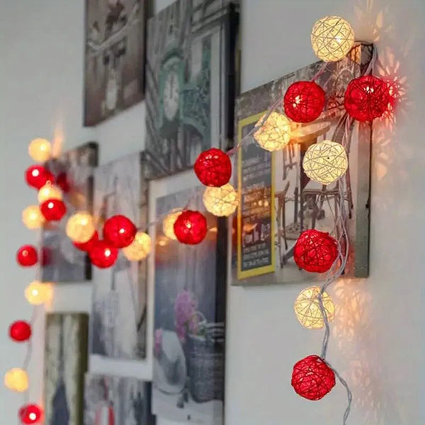 5M Red & White Rattan Ball Christmas Lights – 50 Warm White LEDs