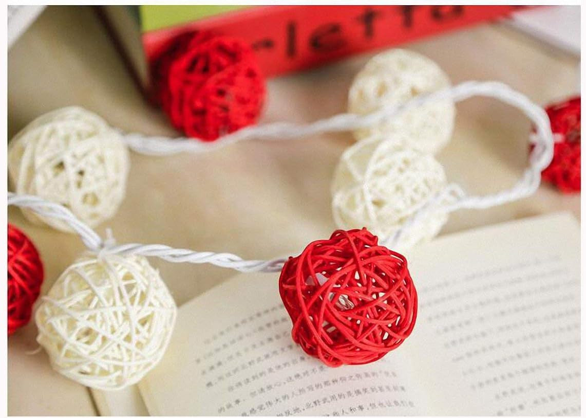 5M Red & White Rattan Ball Christmas Lights – 50 Warm White LEDs