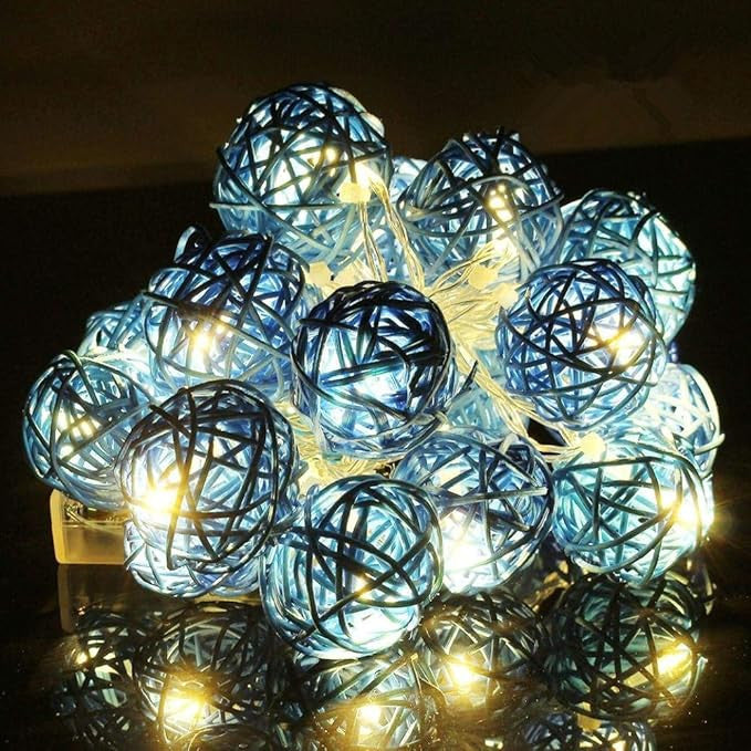 5M Turquoise Blue Rattan Ball Christmas Lights – 50 Warm White LEDs
