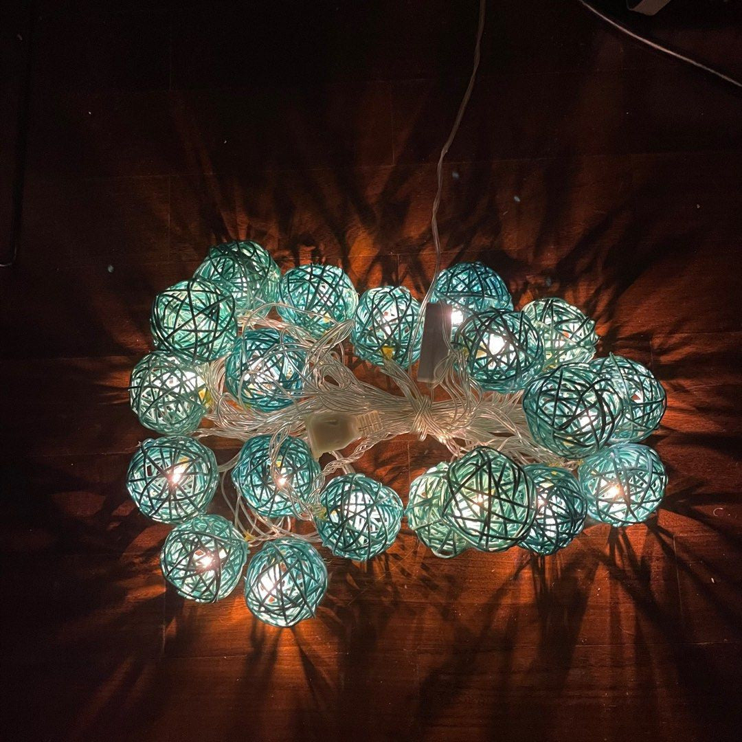 5M Turquoise Blue Rattan Ball Christmas Lights – 50 Warm White LEDs