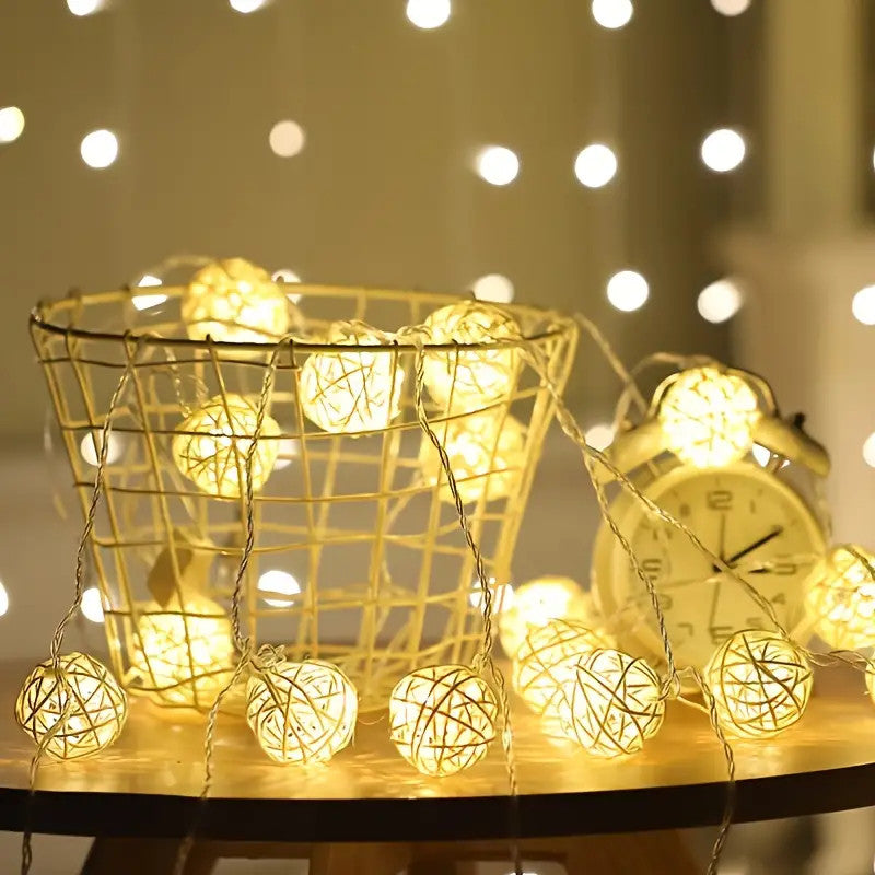5M Yellow Rattan Ball Christmas Lights – 50 Warm White LEDs