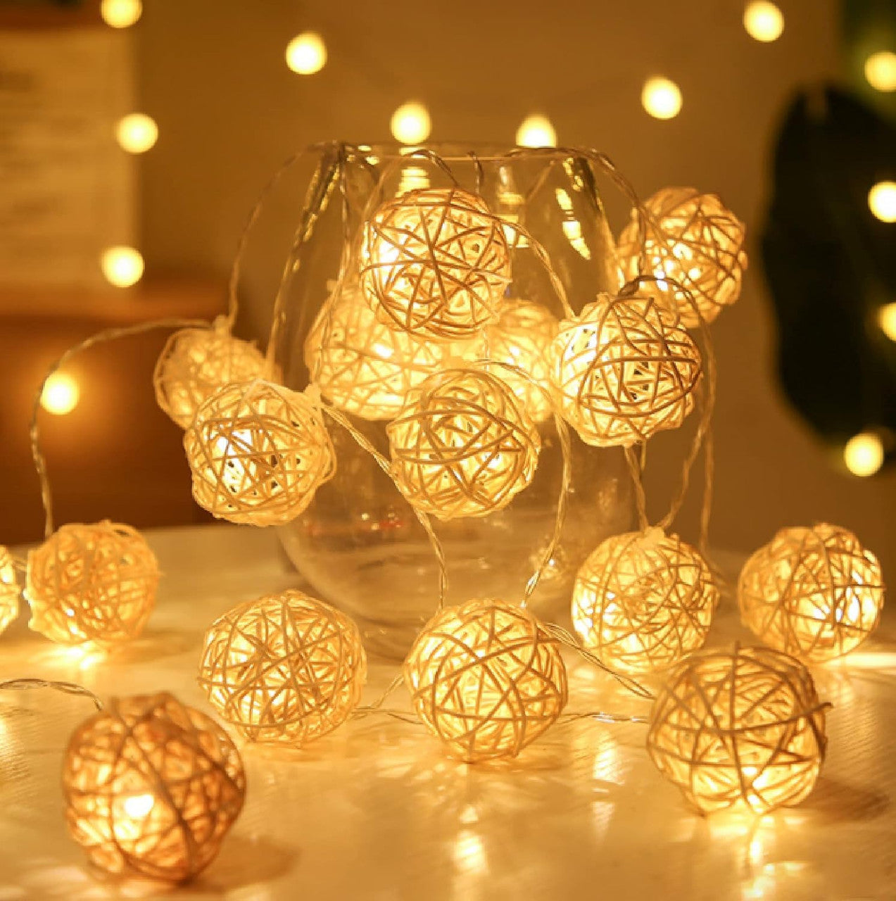 5M Yellow Rattan Ball Christmas Lights – 50 Warm White LEDs
