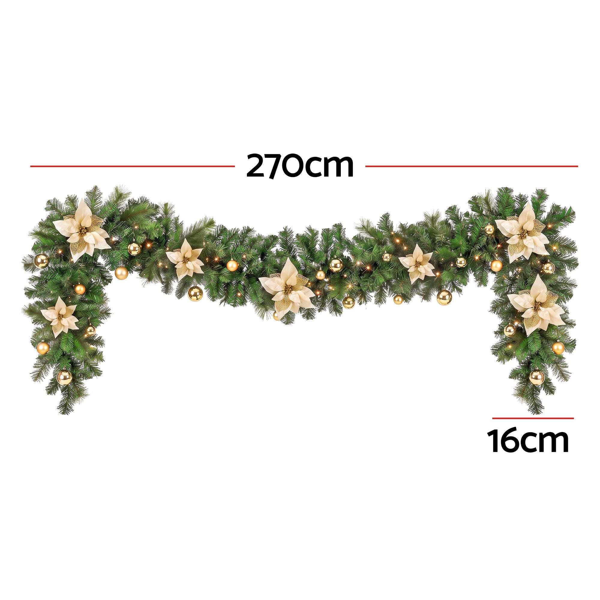2.7M Pre-Lit Gold Poinsettia Christmas Garland with 30 LED