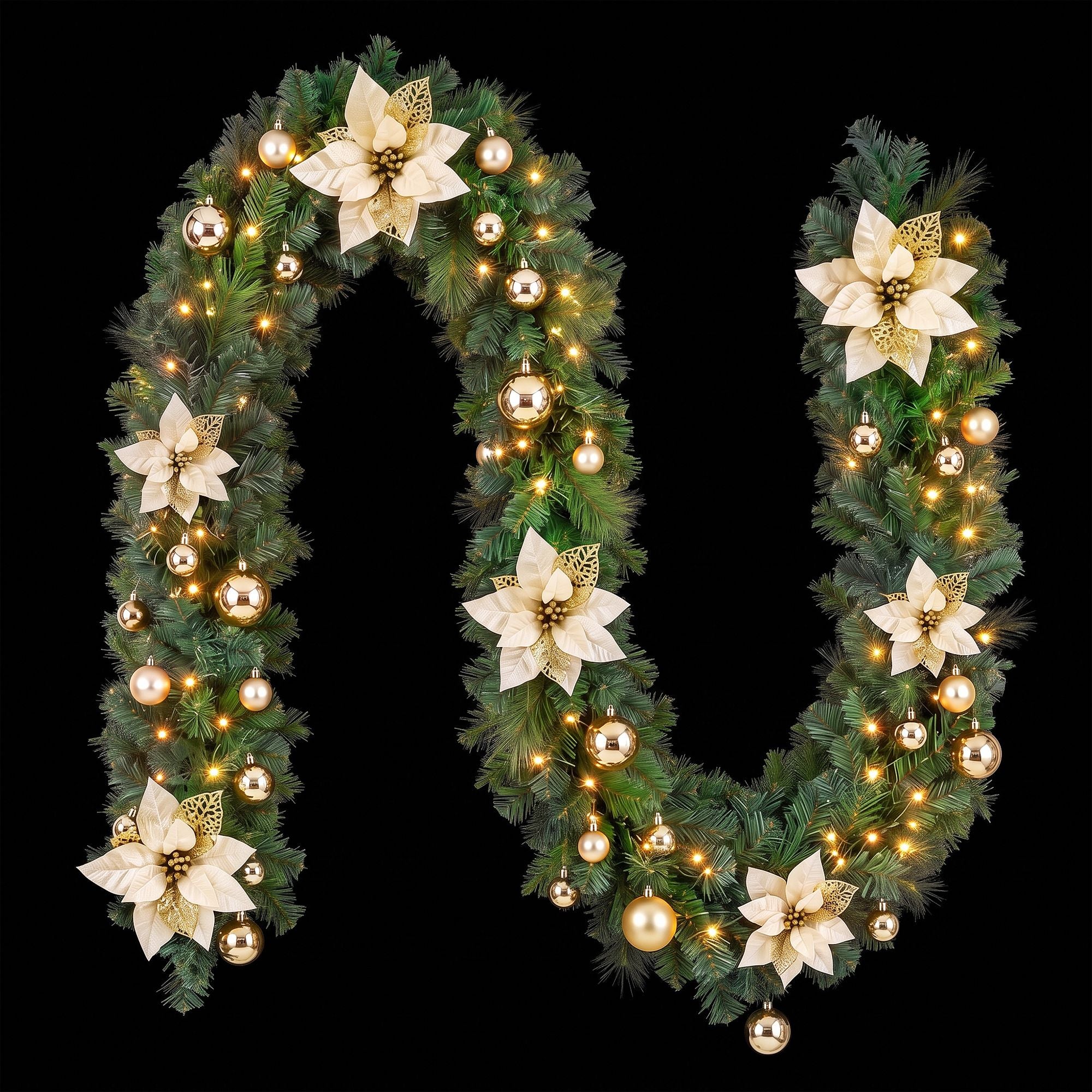 2.7M Pre-Lit Gold Poinsettia Christmas Garland with 30 LED
