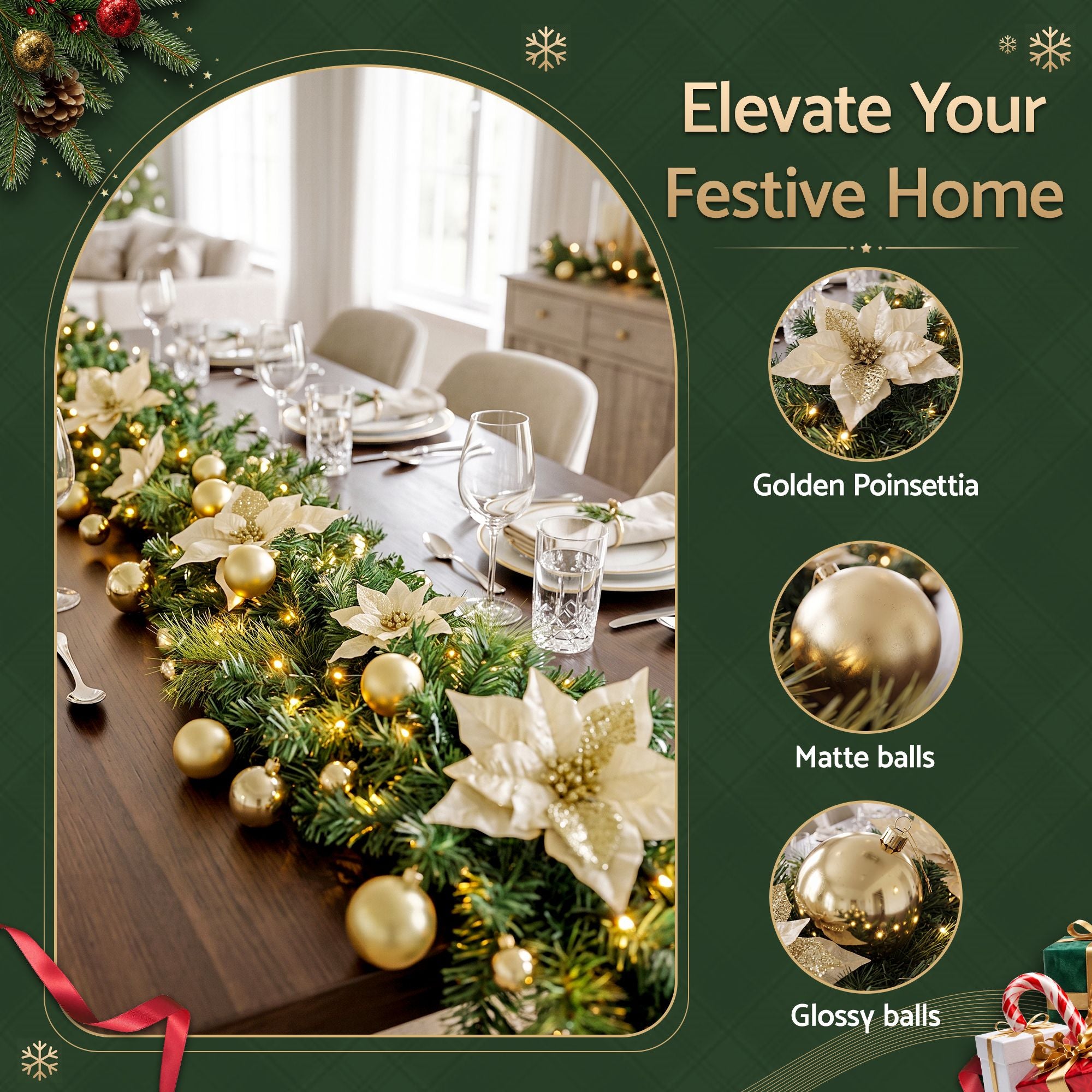 2.7M Pre-Lit Gold Poinsettia Christmas Garland with 30 LED