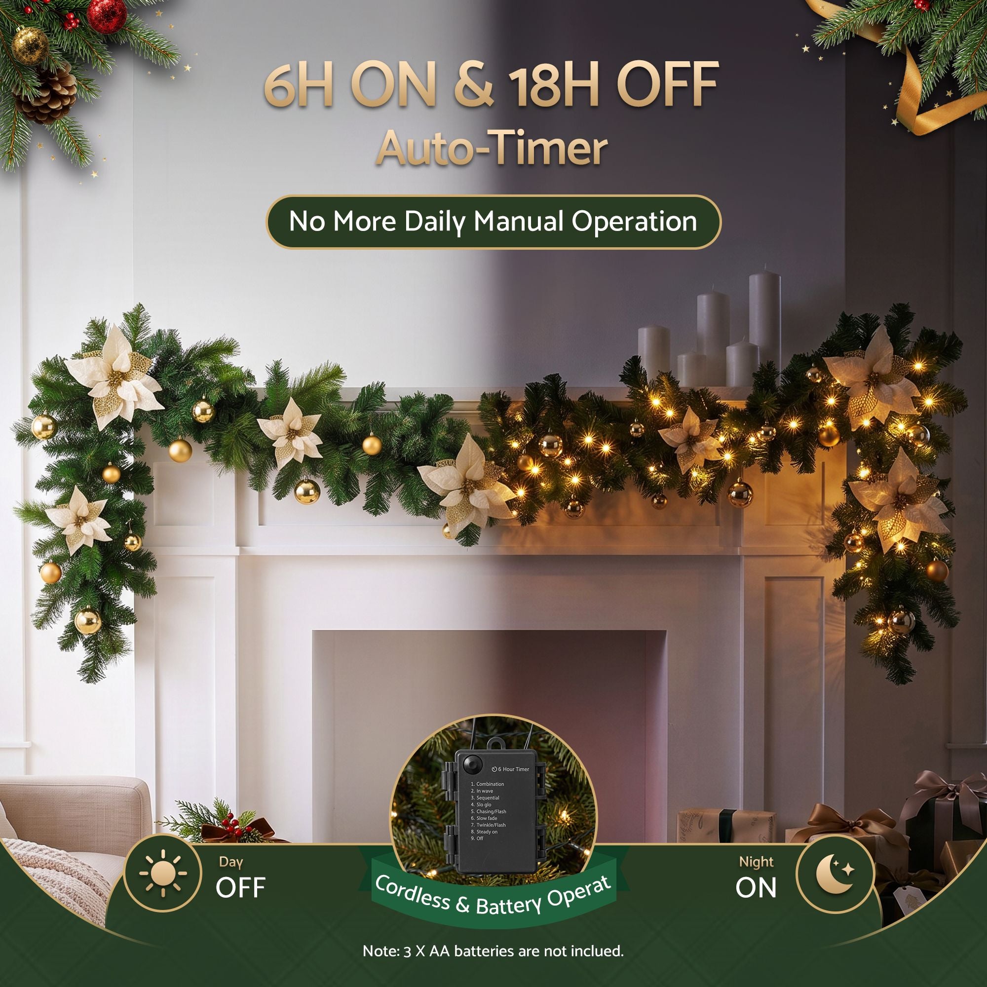 2.7M Pre-Lit Gold Poinsettia Christmas Garland with 30 LED