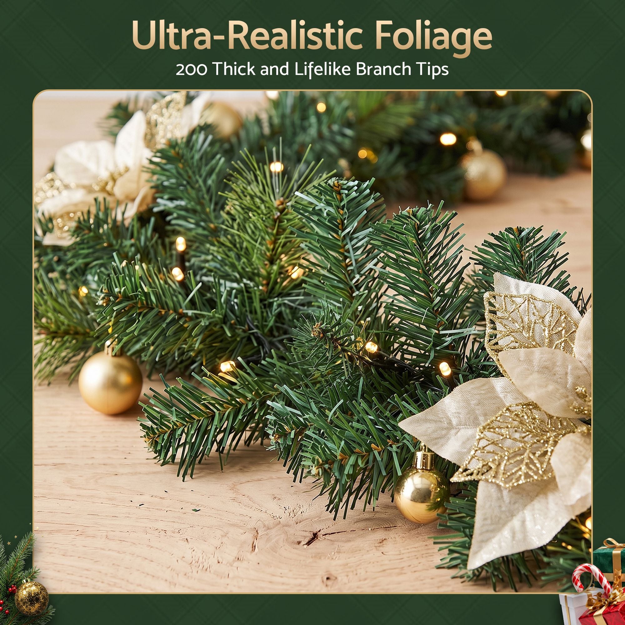 2.7M Pre-Lit Gold Poinsettia Christmas Garland with 30 LED