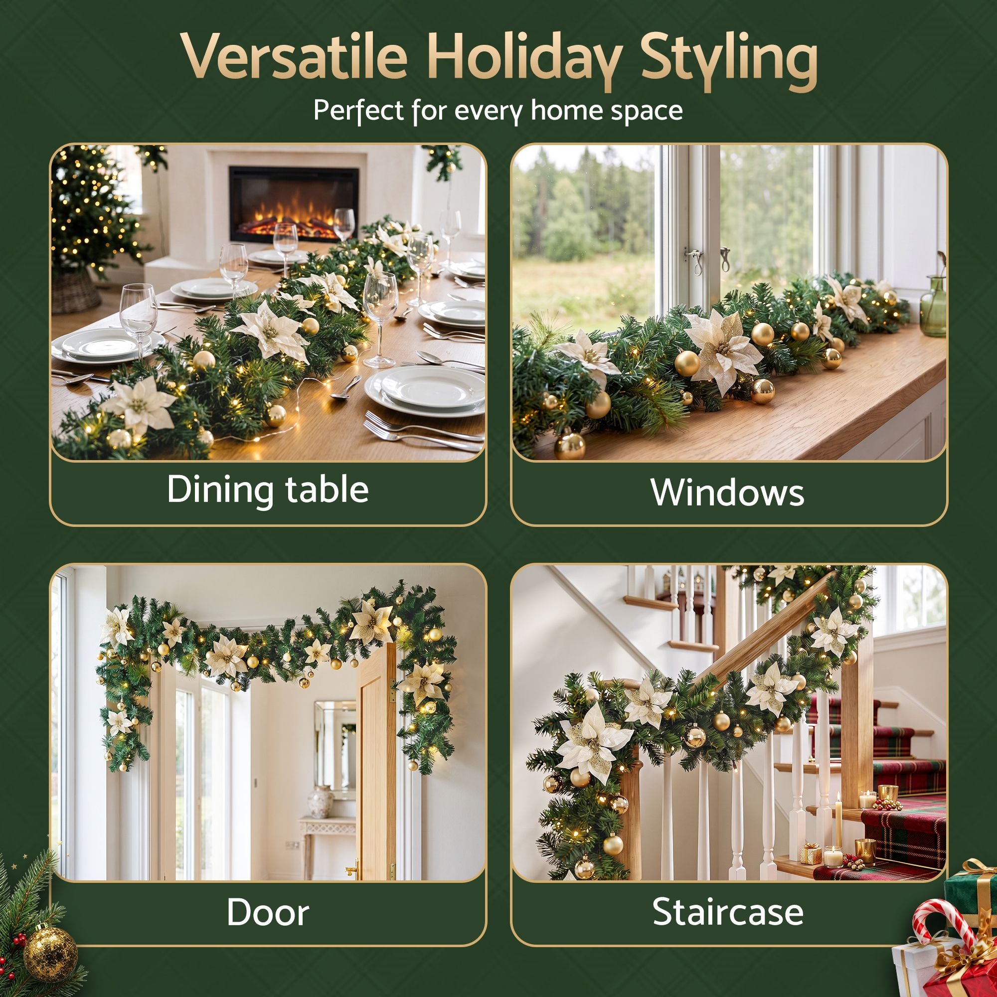 2.7M Pre-Lit Gold Poinsettia Christmas Garland with 30 LED