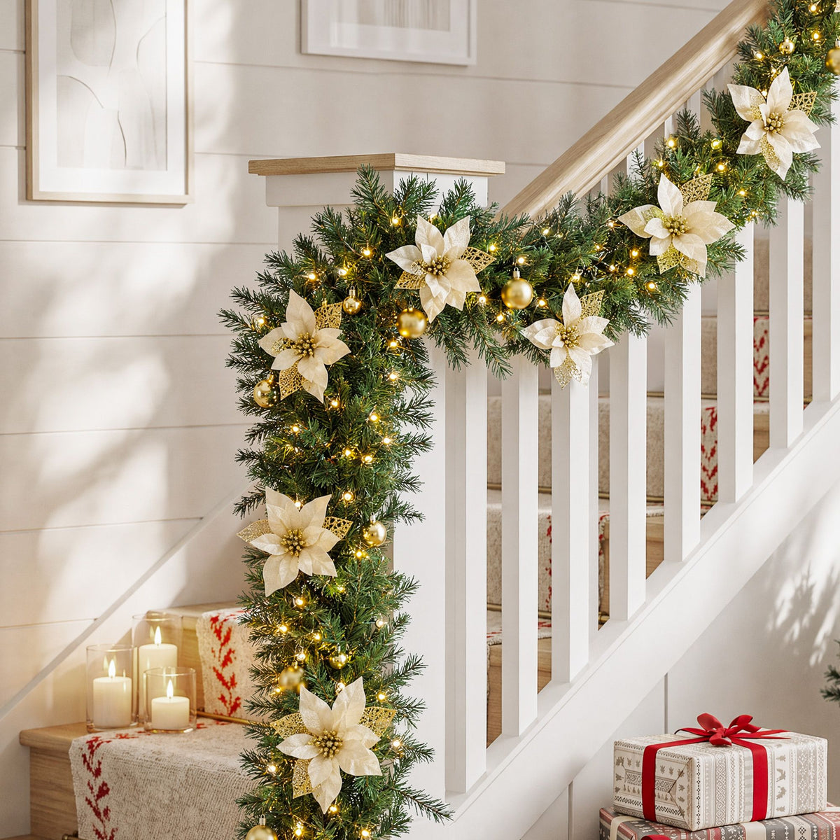 2.7M Pre-Lit Gold Poinsettia Christmas Garland with 30 LED