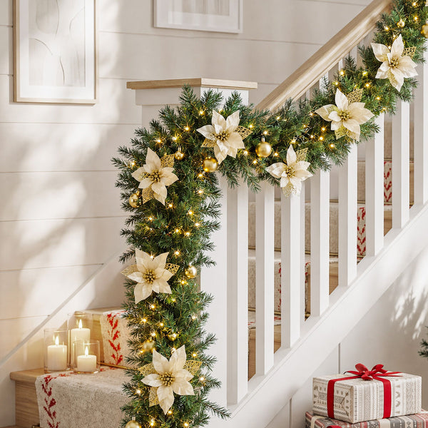 2.7M Pre-Lit Gold Poinsettia Christmas Garland with 30 LED
