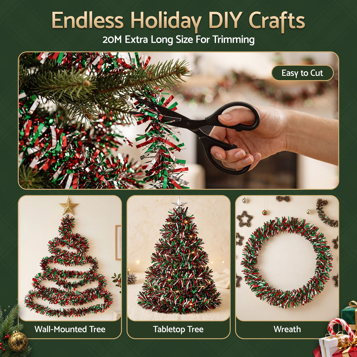 20M Red, Green & Silver Christmas Tinsel