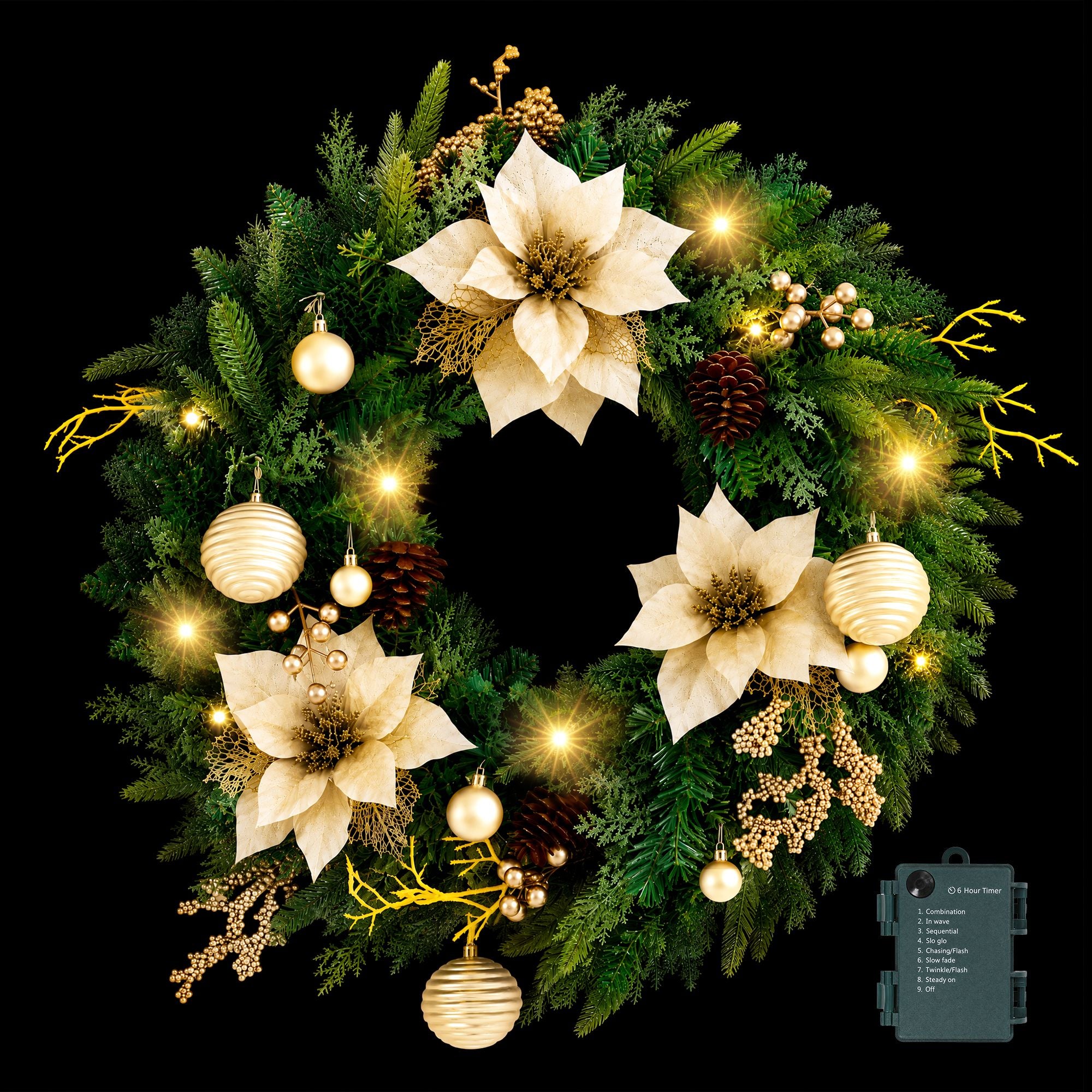 60CM Pre-Lit Gold Poinsettia Christmas Wreath with 30 LED