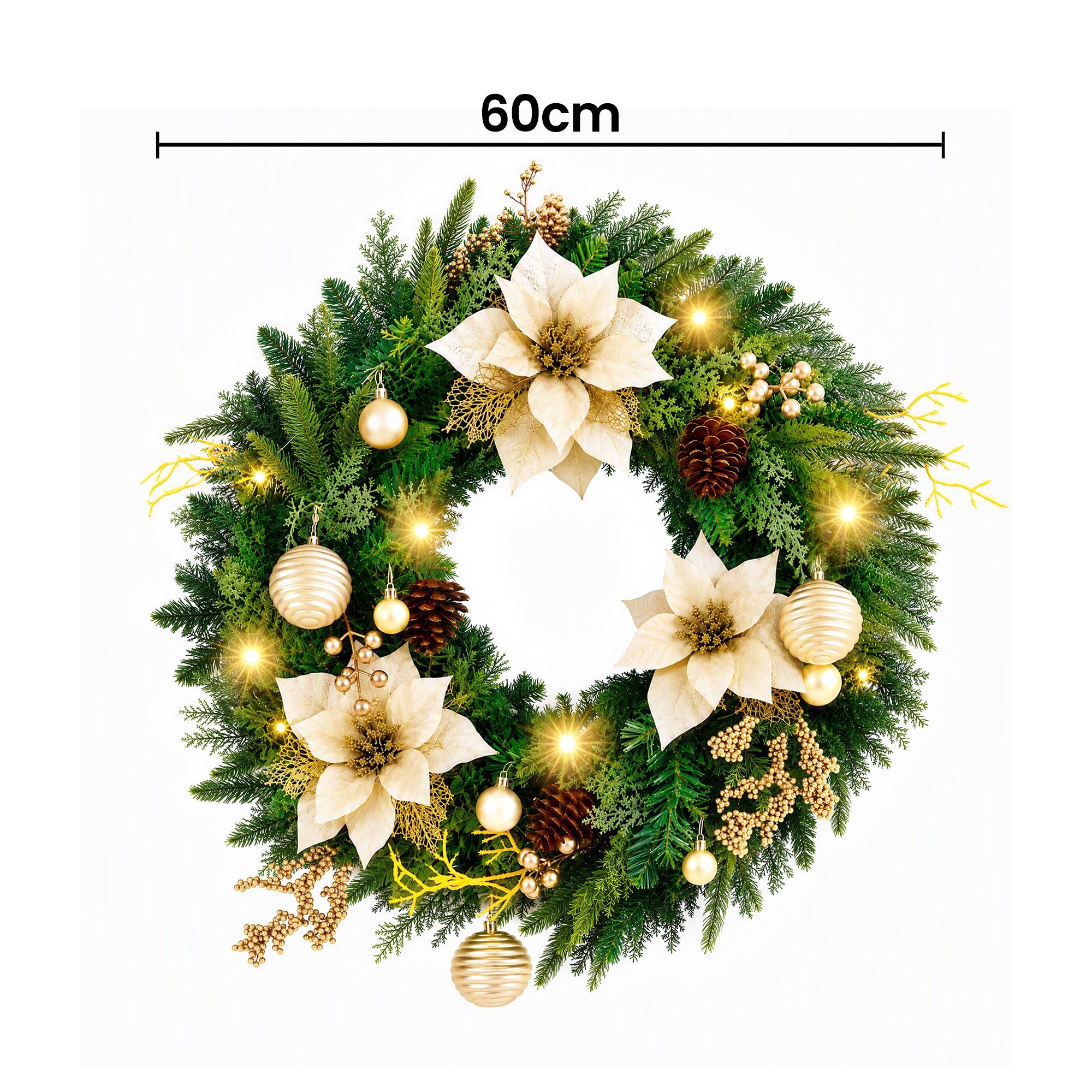 60CM Pre-Lit Gold Poinsettia Christmas Wreath with 30 LED