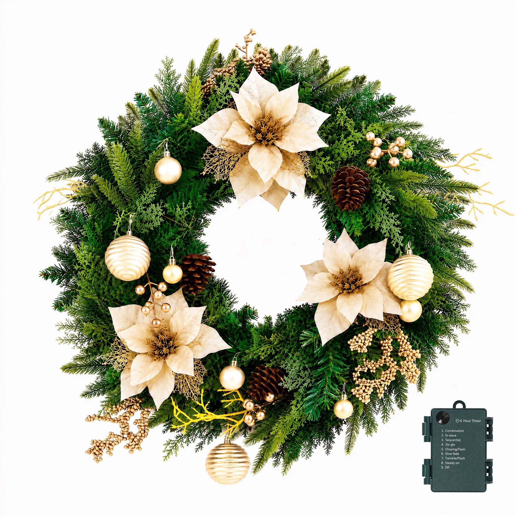 60CM Pre-Lit Gold Poinsettia Christmas Wreath with 30 LED