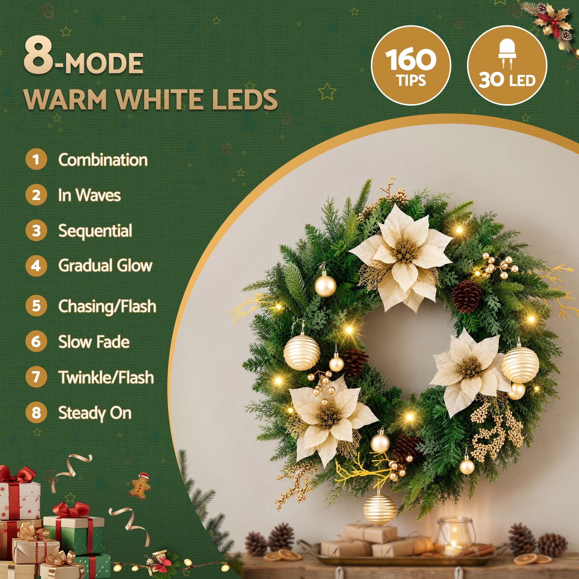 60CM Pre-Lit Gold Poinsettia Christmas Wreath with 30 LED
