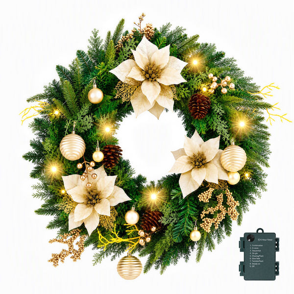 60CM Pre-Lit Gold Poinsettia Christmas Wreath with 30 LED