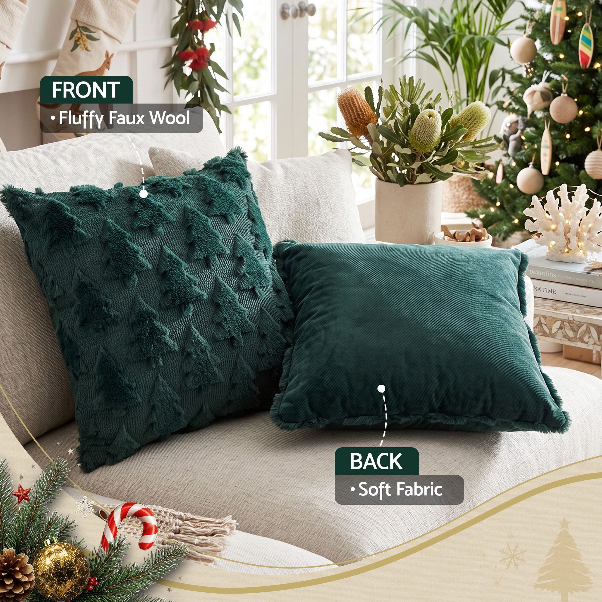 45 x 45CM Green Christmas Tree Faux Fur Cushion Covers - Set of 2