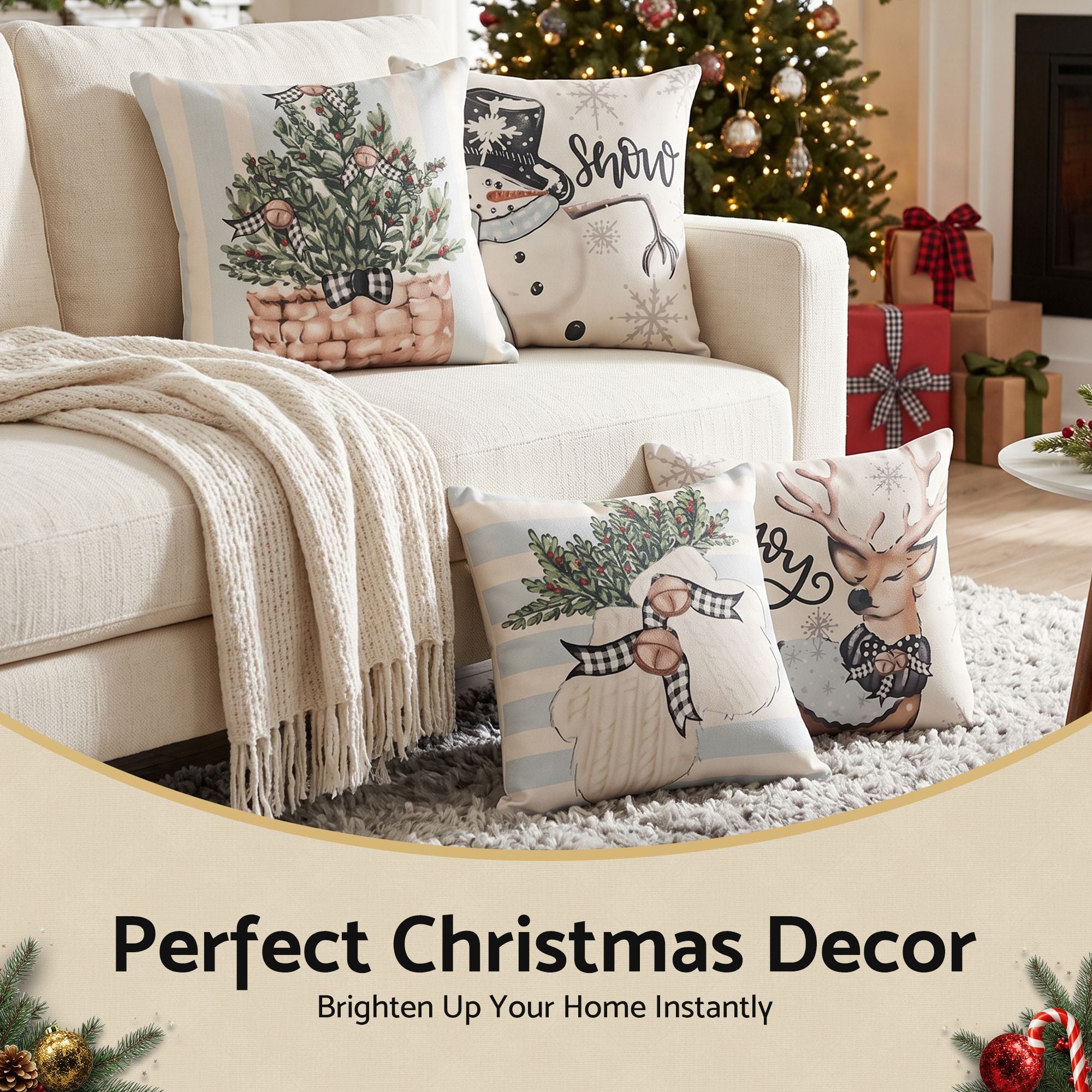 45 x 45CM Blue Christmas Cushion Covers with Festive Prints - Set of 4