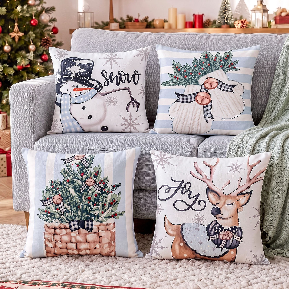 45 x 45CM Blue Christmas Cushion Covers with Festive Prints - Set of 4