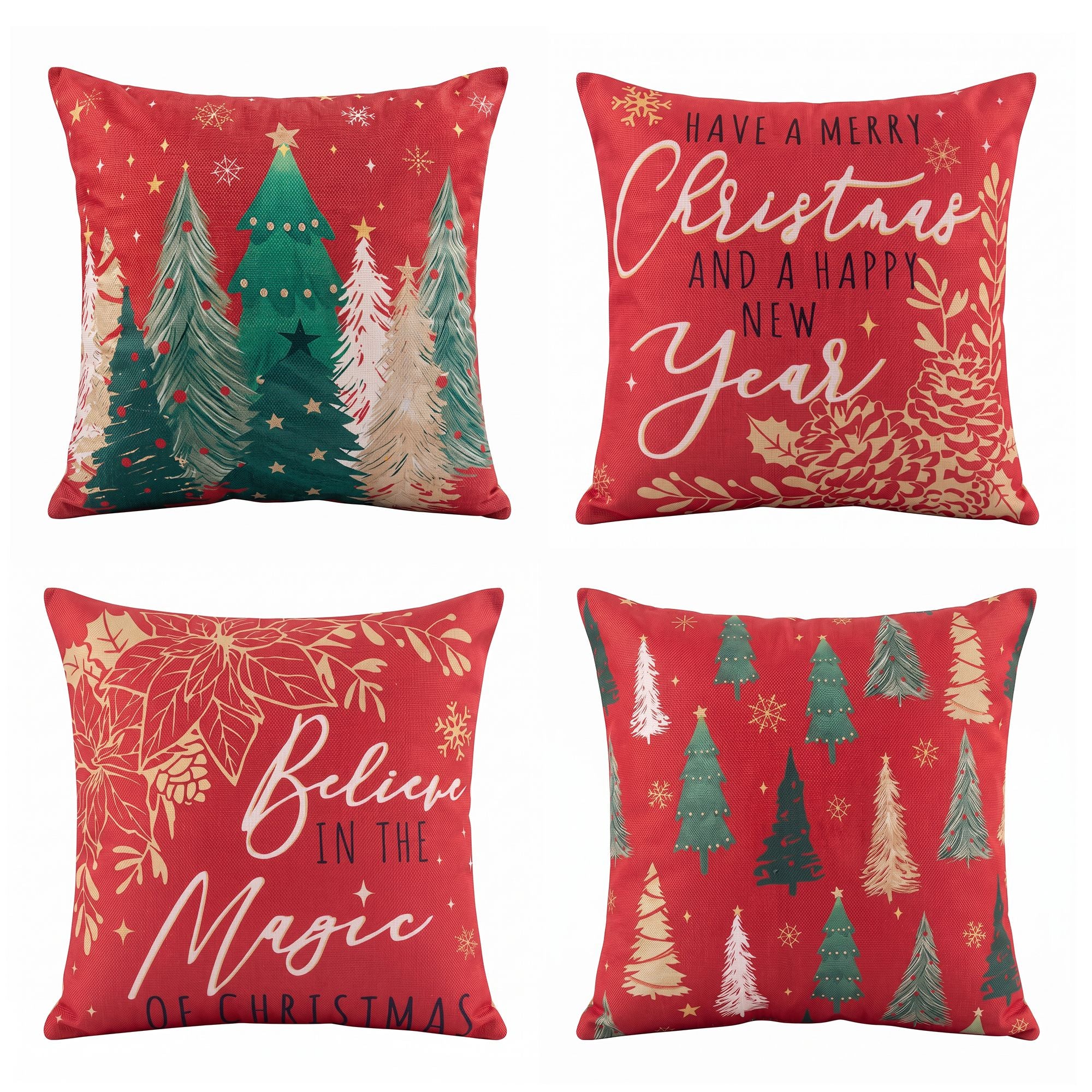 45 x 45CM Red Christmas Cushion Covers with Festive Prints - Set of 4