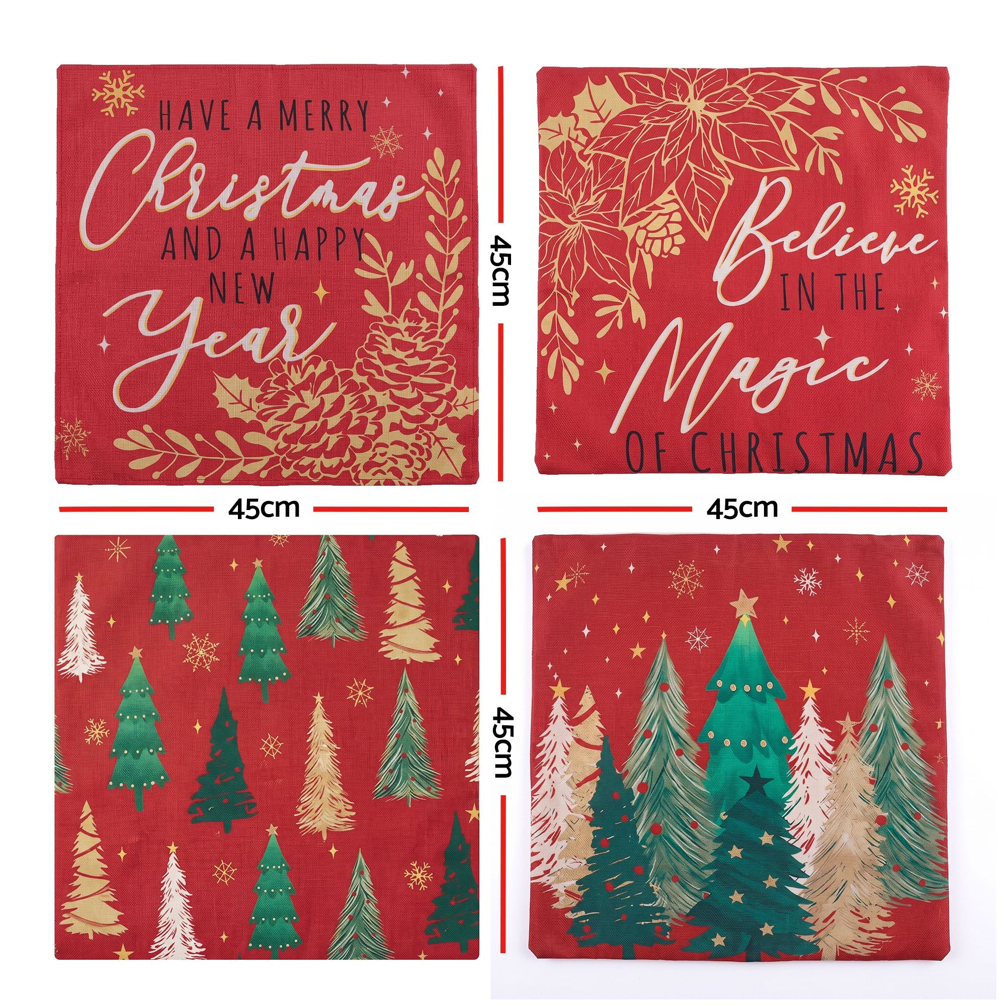 45 x 45CM Red Christmas Cushion Covers with Festive Prints - Set of 4