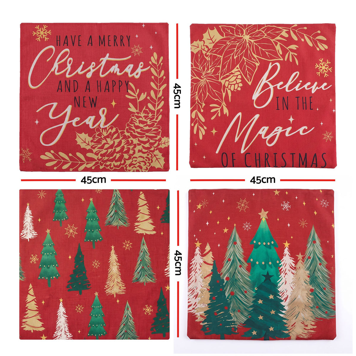 45 x 45CM Red Christmas Cushion Covers with Festive Prints - Set of 4