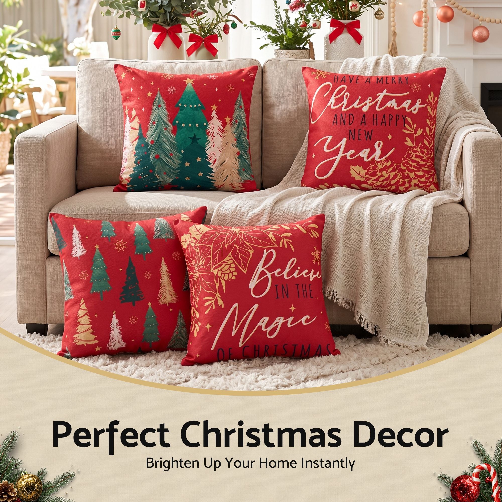 45 x 45CM Red Christmas Cushion Covers with Festive Prints - Set of 4