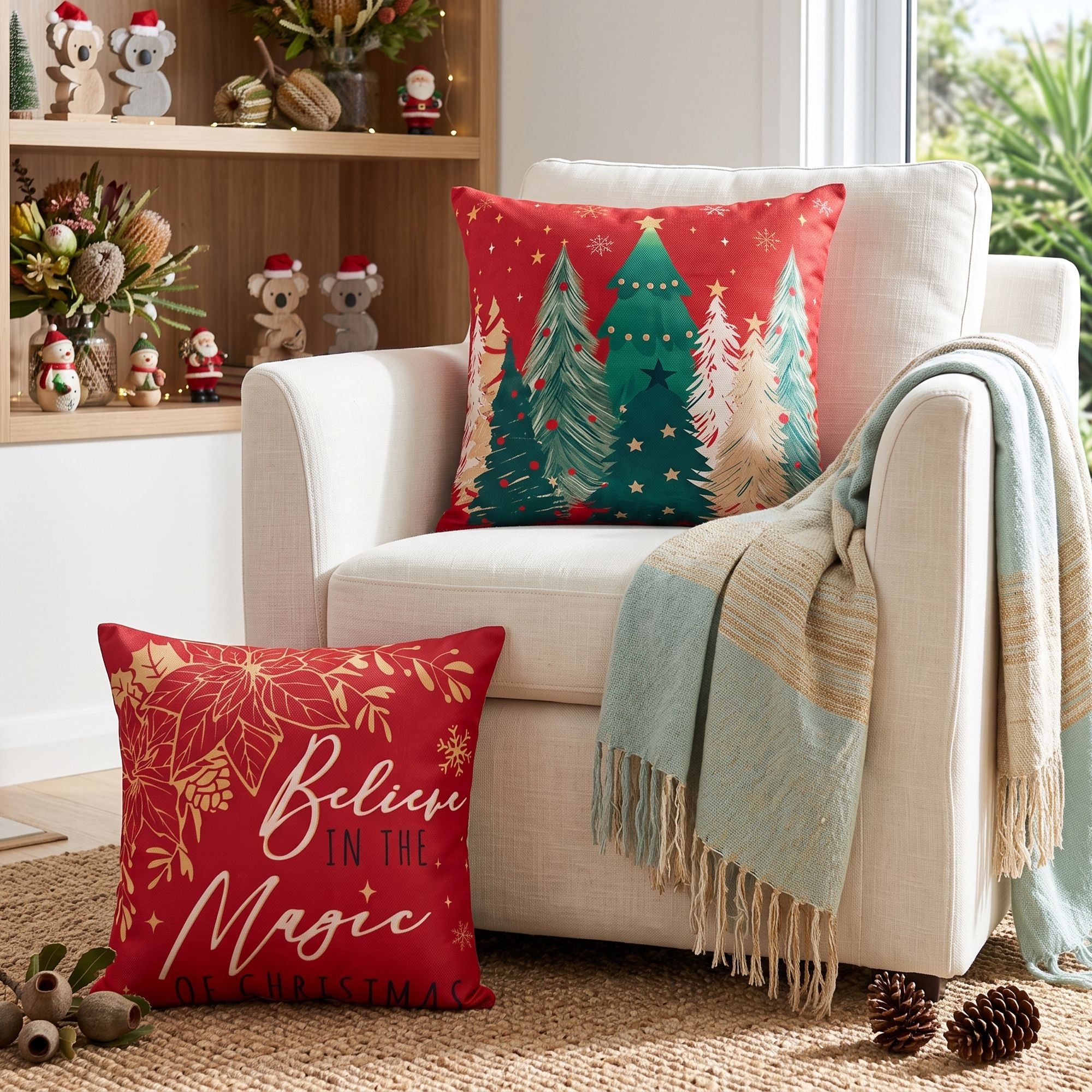 45 x 45CM Red Christmas Cushion Covers with Festive Prints - Set of 4