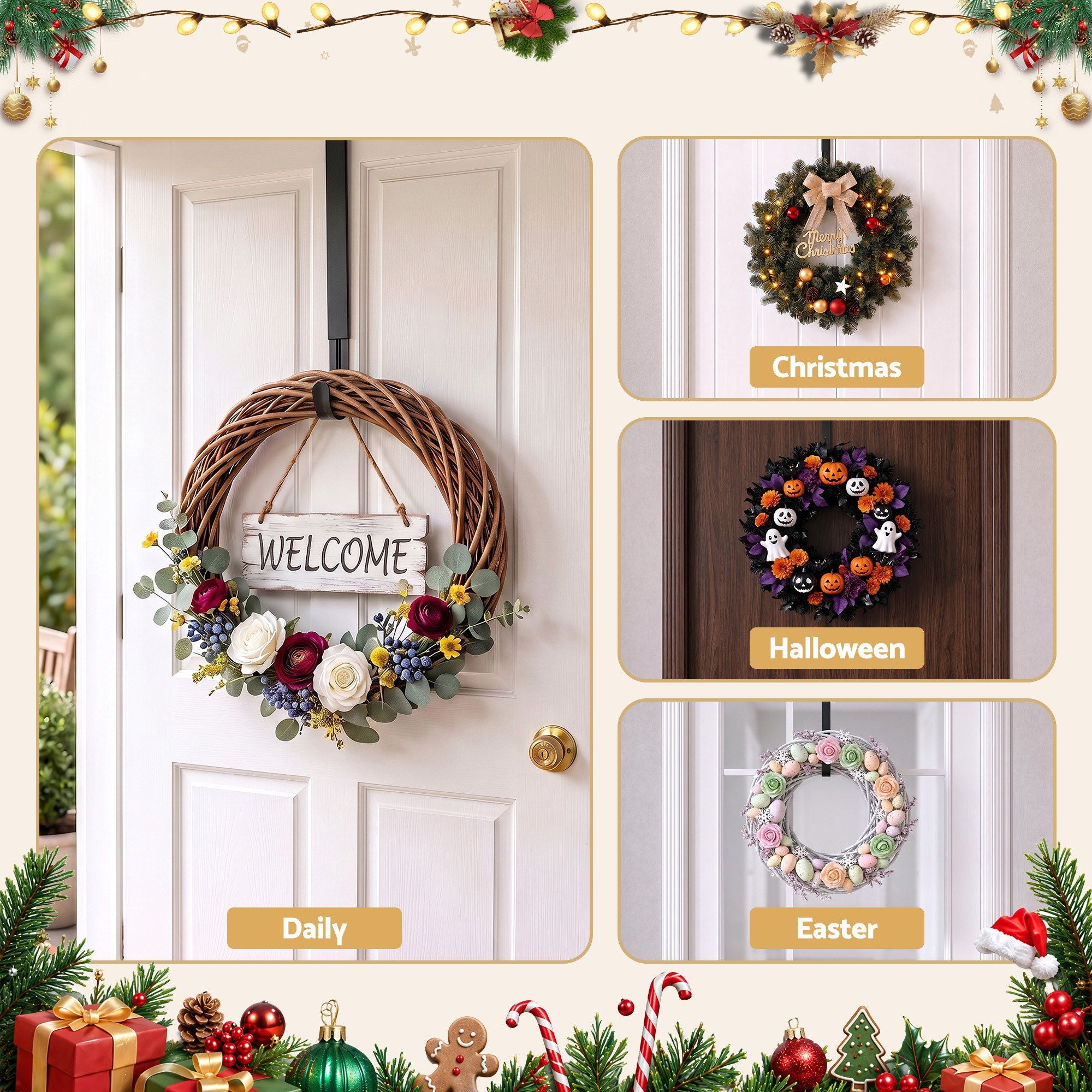 39–65CM Adjustable Christmas Wreath Door Hanger