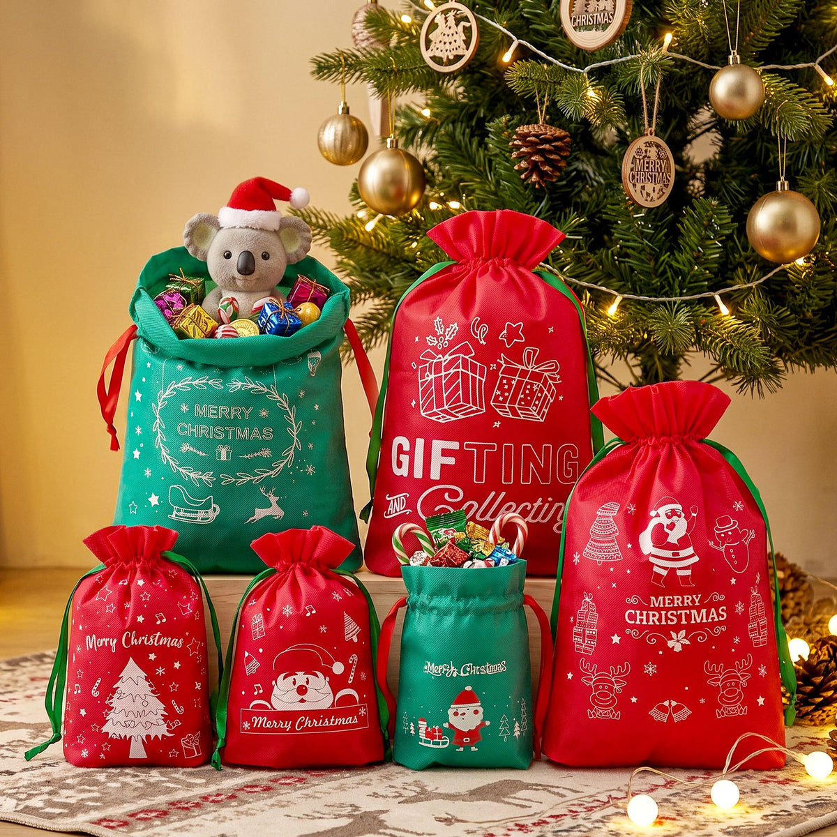 6-Piece Red & Green Christmas Gift Bag Set – Reusable Santa Sacks