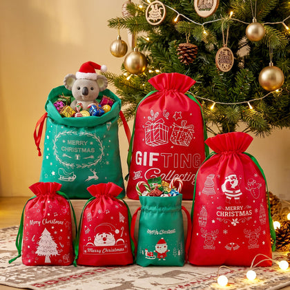 6-Piece Red & Green Christmas Gift Bag Set – Reusable Santa Sacks