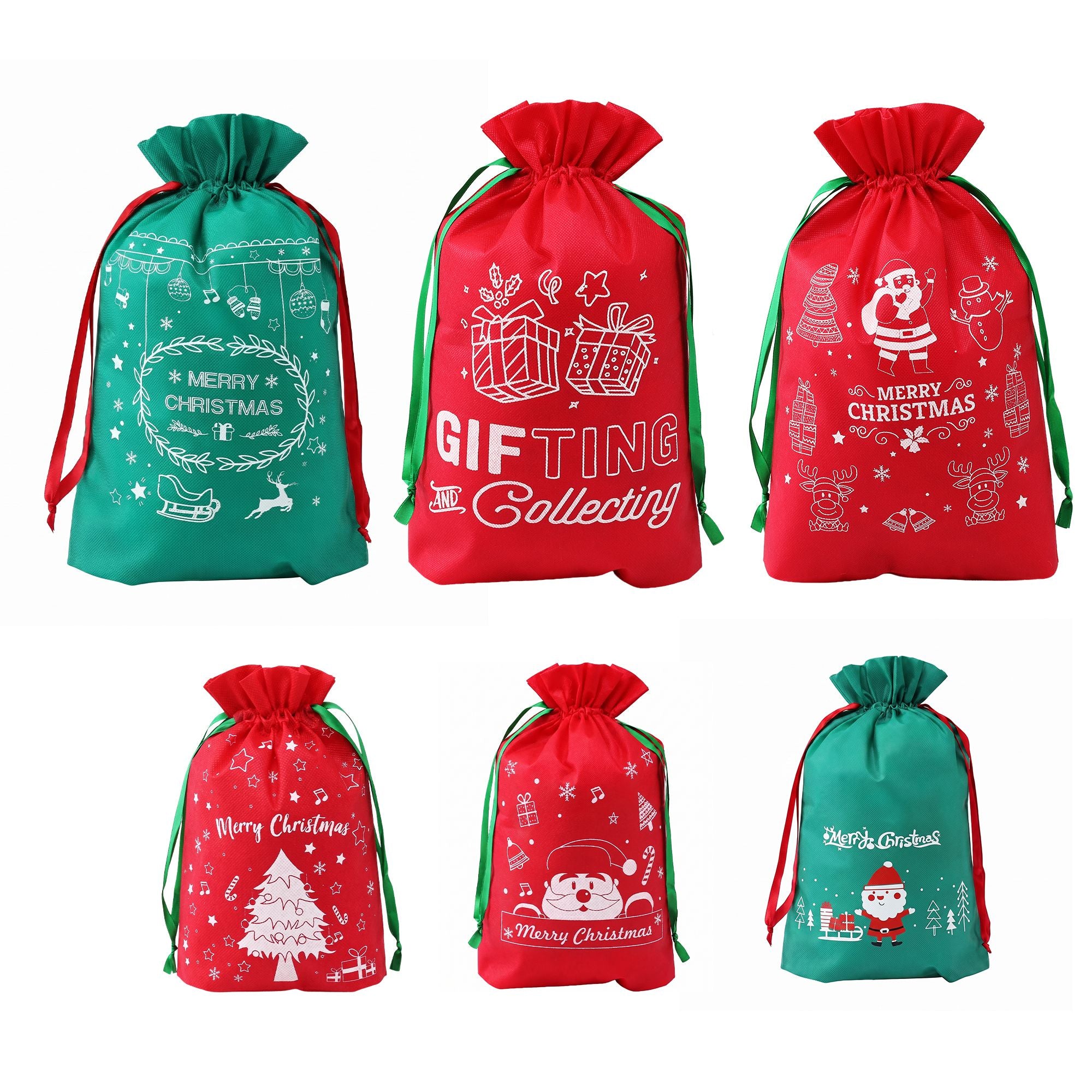 6-Piece Red & Green Christmas Gift Bag Set – Reusable Santa Sacks