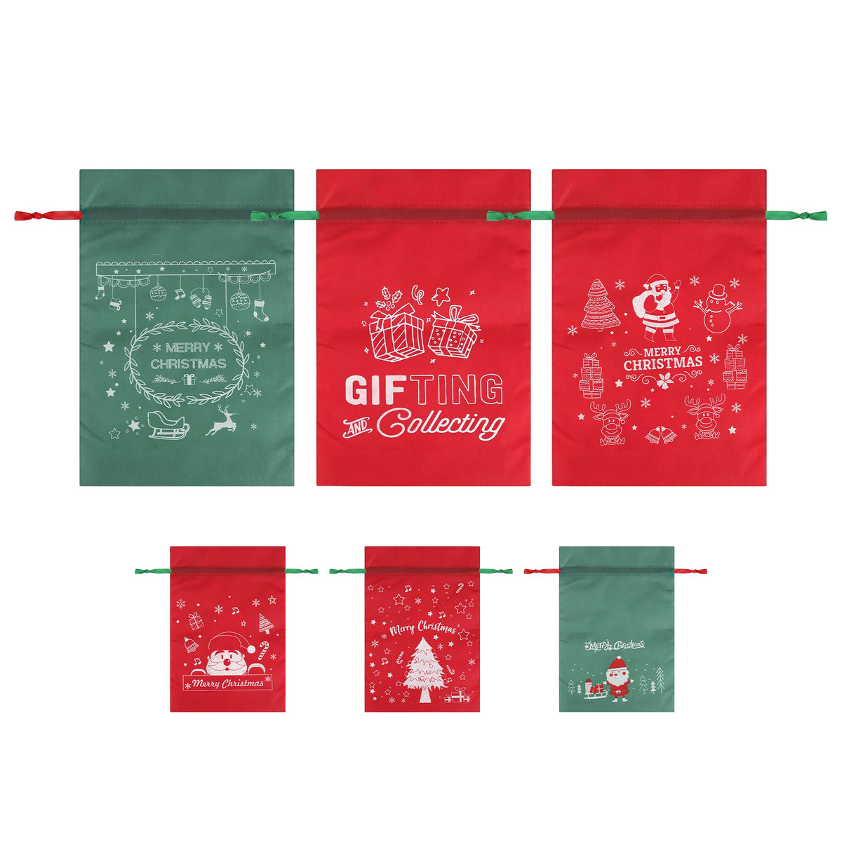 6-Piece Red & Green Christmas Gift Bag Set – Reusable Santa Sacks